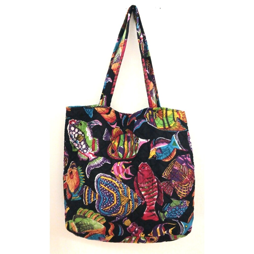 Peppermint Bay Lg Tote Bright Tropical Fish Cotton Print on Blk 15X6X15